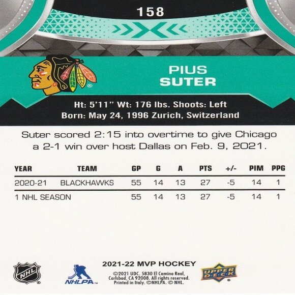 Piue Suter - 2021/2022 Upper Deck MVP Hockey Card - Picture 2 of 2